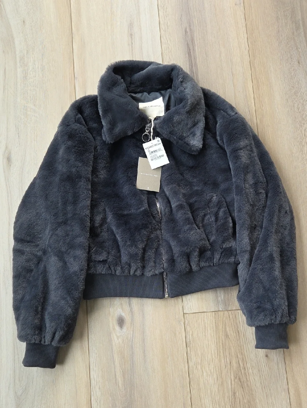 Thread & Supply Charcoal Fuzzy Zip Jacket XS New